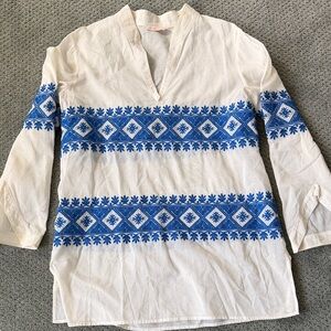 Tory Burch White & Blue Embroidered Cotton Tunic | Size L